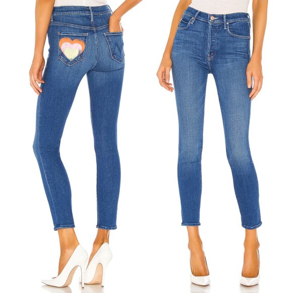 MOTHER Denim - NWT Mother The Super Stunner Ankle Jeans Heart Print Pocket Double Vision 26